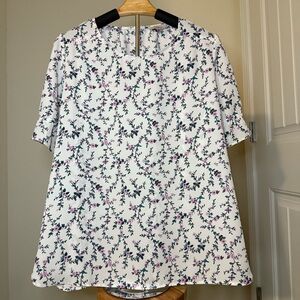 LOFT White Floral Blouse | Pink & Green Print | Size XL